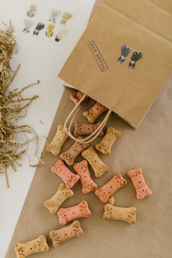 Colorful bone-shaped dog treats spill from a paper bag labeled 'thank you'.